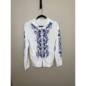Miss Me Womens White Zip-Up Hoodie With Blue Embroidery & Rhinestone Accents L
